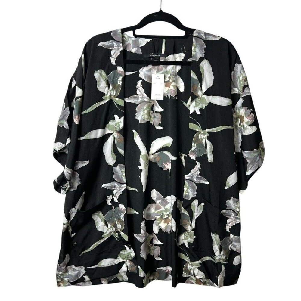 Cejon Black Multicolored Floral‎ Open Front Kimono Women's Size OSFM- NWT